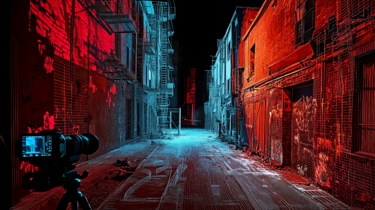 AI Image of Point Cloud scan of a film set of an alleyway